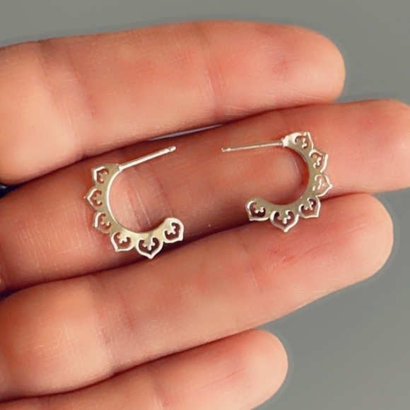 Sterling Silver Laser Cut Heart Half Hoop Earrings - Picture 5 of 9